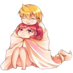 Rule 34 | 1boy, 1girl, ali baba saluja, barefoot, bed sheet, blonde hair, cape, chibi, closed eyes, couple, earrings, jewelry, magi the labyrinth of magic, morgiana, naked sheet, ponytail, red eyes, red hair, side ponytail, syvi, transparent background