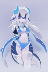 Rule 34 | 1girl, absurdres, bikini, blue bikini, blue eyes, blue skin, breasts, closed mouth, colored skin, fins, fish hair ornament, fish tail, furry, furry female, hair ornament, highres, horns, long hair, looking at viewer, maid headdress, medium breasts, multicolored skin, navel, original, shark girl, shark tail, short sleeves, solo, swimsuit, tail, thighhighs, uyu (soda uyu), white hair, white skin, white thighhighs