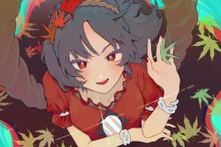 Rule 34 | 1girl, autumn leaves, blue hair, blush, bracelet, eyebrows hidden by hair, hair ornament, highres, jewelry, kyomunohi, leaf, leaf hair ornament, leaf on head, looking at viewer, mirror, open mouth, red eyes, rope, shimenawa, short hair, slit pupils, smile, solo, touhou, yasaka kanako