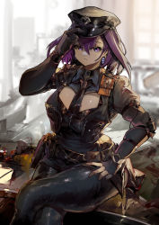 Rule 34 | 1girl, absurdres, belt, breasts, cleavage cutout, clothing cutout, curvy, gloves, hair intakes, hat, highres, hololive, hololive english, large breasts, medium hair, necktie, ouro kronii, pants, police, police hat, police uniform, policewoman, purple eyes, purple hair, short hair, sitting, solo, thick thighs, thighs, uniform, utility belt, virtual youtuber, vyragami, wide hips
