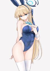 Rule 34 | 1girl, animal ears, bare shoulders, blonde hair, blue archive, blue eyes, blue leotard, breasts, cleavage, closed mouth, detached collar, earpiece, fake animal ears, fake tail, hair ribbon, highleg, highleg leotard, highres, large breasts, leotard, long hair, looking at viewer, miya ur, official alternate costume, playboy bunny, rabbit ears, rabbit tail, ribbon, solo, strapless, strapless leotard, tail, toki (blue archive), toki (bunny) (blue archive), very long hair, wrist cuffs
