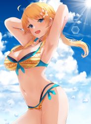 Rule 34 | 1girl, absurdres, ahoge, armpits, arms behind head, arms up, bare shoulders, bikini, blonde hair, blue eyes, blue sky, blush, breasts, cleavage, day, hachimiya meguru, highres, idolmaster, idolmaster shiny colors, large breasts, light rays, long hair, looking at viewer, low twintails, navel, open mouth, ryuu., sky, smile, solo, sunbeam, sunlight, swimsuit, thighs, twintails, yellow bikini