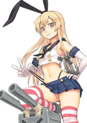 Rule 34 | 10s, 1girl, anchor, blonde hair, breasts, brown eyes, crop top, crop top overhang, elbow gloves, gloves, hair ribbon, hand on own hip, kantai collection, long hair, looking at viewer, midriff, miniskirt, navel, panties, panty lift, rensouhou-chan, ribbon, shimakaze (kancolle), skindentation, skirt, small breasts, smile, solo, striped clothes, striped thighhighs, thighhighs, underwear, v, wedgie, yuuji (and), zettai ryouiki