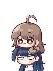 Rule 34 | 2girls, :3, ahoge, blue hair, blunt bangs, brown eyes, brown hair, brown hoodie, chibi, crossed bangs, eiul, hair intakes, highres, hime cut, hololive, hololive english, hood, hoodie, long hair, multicolored hair, multiple girls, nanashi mumei, nanashi mumei (casual), official alternate costume, on head, ouro kronii, ouro kronii (casual), shirt, sleeves past wrists, smile, streaked hair, very long hair, virtual youtuber, white shirt