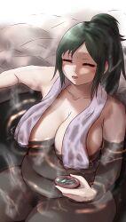 Rule 34 | 1girl, alcohol, boku no hero academia, breasts, closed eyes, commission, covered erect nipples, cup, female pubic hair, green eyes, highres, large breasts, long hair, mature female, midoriya inko, naked towel, onsen, pixiv commission, ponytail, pubic hair, resting, sakazuki, sake, see-through, solo, towel, towel around neck, water, wet towel