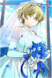 Rule 34 | 1girl, 203wolves, absurdres, bare shoulders, blonde hair, blue sky, blush, bouquet, braid, breasts, bridal veil, choker, closed mouth, cloud, cloudy sky, collarbone, commentary request, day, dress, earrings, elbow gloves, flower, gloves, hair ornament, highres, indoors, jewelry, long hair, looking at viewer, medium breasts, petals, simple background, sky, smile, sparkle, strapless, strapless dress, tenjouin asuka, tiara, veil, wedding dress, window, yellow eyes, yu-gi-oh!, yu-gi-oh! gx