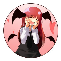 Rule 34 | 1girl, :d, ^ ^, bad id, bad pixiv id, bat wings, circle, closed eyes, embodiment of scarlet devil, fang, female focus, hands on own face, head wings, heart, koakuma, long hair, mukunoki nanatsu, nanatsu, open mouth, red hair, round image, simple background, smile, solo, touhou, wings