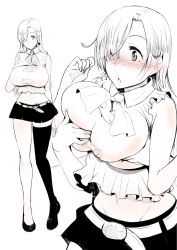 Rule 34 | 10s, 1girl, :o, are (arearee), asymmetrical legwear, bare shoulders, black thighhighs, blush, earrings, elizabeth liones, from behind, grabbing, grabbing another&#039;s breast, hair over one eye, highres, jewelry, long hair, midriff, monochrome, nanatsu no taizai, navel, nose blush, simple background, skirt, sleeveless, solo focus, thighhighs, uneven legwear