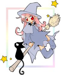 Rule 34 | 1girl, broom, broom riding, cat, pink hair, red eyes, sidesaddle, solo, witch