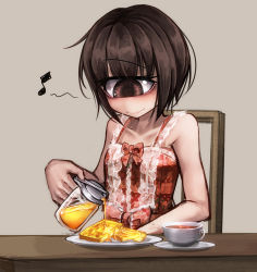 Rule 34 | 1girl, bare shoulders, bread, bread slice, brown eyes, brown hair, chair, collarbone, cup, cyclops, dress, food, french toast, hitomebore, honey, musical note, official art, one-eyed, plate, ray-k, short hair, sleeveless, sleeveless dress, solo, table, tea, teacup, toast, usui sachi