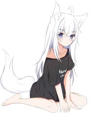 Rule 34 | 1girl, absurdres, ahoge, animal ear fluff, animal ears, bare shoulders, barefoot, between legs, black shirt, blue eyes, blush, closed mouth, clothes writing, collarbone, commentary request, fox ears, fox girl, fox tail, full body, hair between eyes, hand between legs, highres, kuronagi (mitora uwu), long hair, looking at viewer, off shoulder, original, shirt, simple background, sitting, solo, tail, very long hair, wariza, white background, white hair