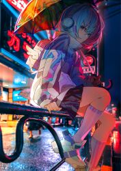 Rule 34 | 1girl, bag, black skirt, blue eyes, blue hair, building, closed mouth, expressionless, fence, fingernails, gloves, hair between eyes, headphones, highres, holding, holding umbrella, jacket, kneehighs, light blue hair, long sleeves, looking at viewer, looking to the side, mika pikazo, neon lights, neon palette, original, outdoors, photo background, red gloves, short hair, sidelocks, sitting, sitting on fence, skirt, socks, solo, umbrella, white footwear, white jacket, white socks, winged bag