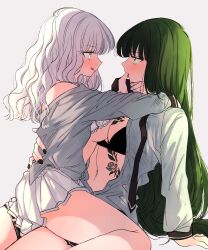 Rule 34 | 2girls, amane (7783), bare shoulders, black bra, blush, bra, breast tattoo, breasts, cleavage, eye contact, from side, gradient background, green hair, green nails, grey hair, grey shirt, highres, long hair, long sleeves, looking at another, miniskirt, multiple girls, nail polish, original, pleated skirt, shirt, skirt, stomach tattoo, sweat, tattoo, tongue, tongue out, underwear, yellow eyes, yuri