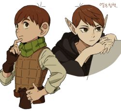 Rule 34 | 1boy, alternate species, armor, black robe, brown gloves, brown hair, chilchuck tims, cropped torso, dungeon meshi, elf, gloves, green scarf, halfling, hand on own hip, hand up, head rest, hood, hood down, hooded robe, jo4hedan, korean commentary, leather armor, long sleeves, looking afar, male focus, multiple views, neck warmer, own hands together, pointy ears, robe, scarf, shirt, short hair, sideways glance, simple background, thinking, white background, white shirt