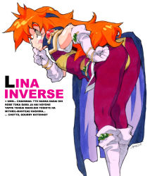 Rule 34 | 1girl, ass, atorasu, bad id, bad pixiv id, bent over, boots, cape, character name, gloves, hairband, hand on own face, hand on own hip, jewelry, knee boots, lina inverse, long hair, orange hair, profile, shoulder pads, simple background, slayers, thinking