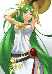 Rule 34 | 1girl, absurdres, armlet, arms up, breasts, chain, cowboy shot, diadem, dress, forehead jewel, gold chain, gradient background, green eyes, green hair, highres, jewelry, kid icarus, kid icarus uprising, long hair, looking at viewer, medium breasts, nabe ken, nintendo, palutena, pendant, shield, solo, strapless, strapless dress, vambraces, very long hair