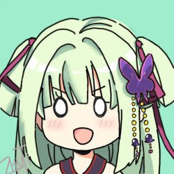 1girl :d artist_name blank_eyes blunt_bangs blunt_ends butterfly_hair_ornament chinese_commentary close-up closed_mouth commentary green_background hair_ornament hair_ribbon hime_cut long_hair looking_at_viewer murasame_(senren) o_o open_mouth raised_eyebrows red_ribbon ribbon senren_banka sidelocks simple_background smile smug solo two_side_up v-shaped_eyebrows wrnmsb