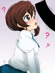 Rule 34 | 1girl, ?, bar censor, blue eyes, blush, brown hair, censored, collared shirt, commentary request, gegege no kitarou, gradient background, heart, heart-shaped pupils, inuyama mana, konpeto, long sleeves, necktie, open mouth, ponytail, school uniform, sexually suggestive, shirt, skirt, spoken question mark, sweat, symbol-shaped pupils, trembling, white shirt