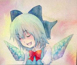 Rule 34 | 1girl, blue eyes, blue hair, bow, cirno, closed eyes, hair bow, ice, ice wings, matching hair/eyes, open mouth, painting (medium), smile, solo, touhou, traditional media, watercolor (medium), wings, yuyu (00365676)