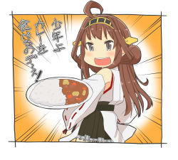 Rule 34 | 10s, 1girl, border, brown eyes, brown hair, curry, detached sleeves, double bun, food, gradient background, hair bun, hairband, highres, japanese clothes, kantai collection, kongou (kancolle), long hair, nontraditional miko, open mouth, place, plate, retsumaru, solo
