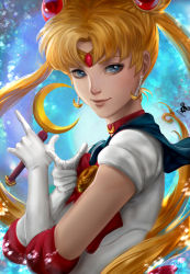 Rule 34 | 1girl, artist name, back bow, bishoujo senshi sailor moon, bishoujo senshi sailor moon (first season), blonde hair, blouse, blue eyes, blue sailor collar, bow, choker, closed mouth, colorized, commentary request, crescent, crescent choker, crescent earrings, crescent moon, derivative work, earrings, elbow gloves, from side, gloves, jewelry, long hair, looking at viewer, moon, parted bangs, pointing, red choker, red neckwear, sailor collar, sailor moon, sailor senshi uniform, shirt, short sleeves, solo, stanley lau, tecnomayro, tsukino usagi, very long hair, white gloves, white shirt