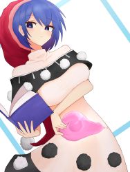 Rule 34 | 1girl, :/, absurdres, blue eyes, blue hair, book, bright pupils, capelet, closed mouth, doremy sweet, dream soul, dress, hat, highres, holding, holding book, looking at viewer, moriforest1040, nightcap, pom pom (clothes), red hat, solo, touhou, white background, white dress, white pupils