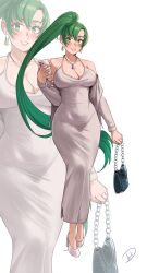 Rule 34 | 1girl, absurdres, alternate costume, bag, breasts, cellphone, character charm, charm (object), cleavage, deliciousbrain, dongtan dress, dress, earrings, fire emblem, fire emblem: the blazing blade, green eyes, green hair, grey dress, handbag, highres, jewelry, large breasts, long hair, looking at viewer, lyn (fire emblem), meme attire, nintendo, phone, smartphone, smile, solo, very long hair, watermark, white footwear