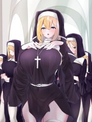 Rule 34 | 5girls, absurdres, blonde hair, blue eyes, blurry, breasts, commentary request, covered navel, cross, cross necklace, curvy, depth of field, habit, highres, huge breasts, jewelry, large breasts, long hair, looking at viewer, mitsudoue, multiple girls, necklace, nun, original, parted lips, ring, thick thighs, thighhighs, thighs, white legwear, wide hips