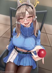 Rule 34 | 1girl, arm support, black pantyhose, blue archive, breasts, candy, food, glasses, halo, highres, large breasts, looking at viewer, moe (blue archive), navel, pantyhose, pov, saliva, sitting, skirt, smodzz998, tongue, tongue out, turtleneck, twintails