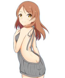 Rule 34 | 10s, 1girl, ass, backless dress, backless outfit, bad id, bad pixiv id, bare back, bare shoulders, blush, breasts, brown hair, butt crack, closed mouth, cowboy shot, dress, from behind, grey sweater, halterneck, hand on own chest, hand up, highres, hojo karen, idolmaster, idolmaster cinderella girls, kochiya hizuki, long hair, looking at viewer, looking back, medium breasts, meme attire, naked sweater, ribbed sweater, simple background, smile, solo, sweater, sweater dress, turtleneck, turtleneck sweater, virgin killer sweater, white background, yellow eyes