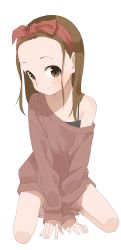 Rule 34 | 1girl, absurdres, bare legs, barefoot, brown eyes, brown hair, closed mouth, commentary request, fingernails, forehead, full body, hairband, highres, karakai jouzu no takagi-san, long hair, long sleeves, looking at viewer, matching hair/eyes, off-shoulder shirt, off shoulder, official art, red hairband, red shirt, shirt, simple background, single bare shoulder, sitting, sleeves past wrists, smile, solo, takagi-san, tareme, thighs, toes, white background, yamamoto souichirou