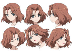 Rule 34 | 1girl, azumi (girls und panzer), blue eyes, brown hair, closed mouth, collarbone, concept art, from side, girls und panzer, hair between eyes, light smile, multiple views, official art, one eye closed, open mouth, parted bangs, short hair, simple background, white background