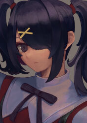Rule 34 | 1girl, absurdres, ame-chan (needy girl overdose), black eyes, black hair, black ribbon, closed mouth, collared shirt, commentary request, expressionless, grey background, hair ornament, hair over one eye, highres, long hair, looking at viewer, neck ribbon, needy girl overdose, red shirt, ribbon, shirt, solo, sumiba (sumibasumi), suspenders, twintails, upper body, x hair ornament