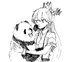 Rule 34 | 1girl, :t, animal, bear, bow, closed mouth, collared shirt, eyebrows hidden by hair, fujiwara no mokou, greyscale, hair between eyes, hair bow, half updo, hatching (texture), holding, holding animal, itomugi-kun, jitome, linear hatching, looking at animal, monochrome, panda, shirt, short sleeves, simple background, sketch, solo, suspenders, t t, tongue, torn clothes, torn sleeves, touhou, upper body, white background, wing collar, | |