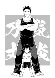 Rule 34 | 2boys, aged down, bare arms, bare shoulders, black tank top, boku no hero academia, child, crossed arms, endeavor (boku no hero academia), father and son, full body, greyscale, highres, male focus, mature male, monochrome, multiple boys, muscular, muscular male, p (pppppppppq), pectoral cleavage, pectorals, scar, scar across eye, scar on face, short hair, sideburns, skin tight, smile, spiked hair, spoilers, standing, tank top, todoroki touya, veins