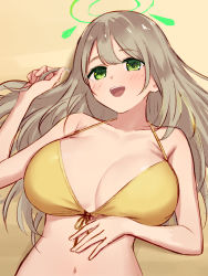 Rule 34 | 1girl, :d, aoi riko, bare shoulders, bikini, blue archive, blush, breasts, brown hair, cleavage, collarbone, front-tie bikini top, front-tie top, green eyes, halo, hand on own stomach, highres, large breasts, long hair, lying, navel, nonomi (blue archive), on back, open mouth, ribbon, smile, solo, swimsuit, upper body, yellow bikini, yellow ribbon