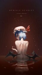 Rule 34 | 1girl, alcohol, ass, bare back, bat wings, blue hair, character name, closed mouth, commentary, completely nude, copyright name, cowboy shot, cup, drinking glass, from behind, glint, hand up, hat, hat ribbon, highres, holding, holding cup, looking at viewer, looking back, mob cap, nude, pink hat, pointy ears, profile, red eyes, red ribbon, reflection, reflective water, remilia scarlet, ribbon, ripples, short hair, sideways glance, signature, simple background, solo, touhou, vampire, vignetting, wading, water, wine, wine glass, wings, ycl 090
