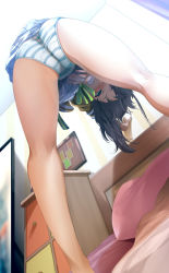 Rule 34 | 1girl, aqua eyes, ass, bad id, bad twitter id, bare legs, bed, black ribbon, brown hair, clothes lift, commentary request, fumihiko (fu mihi ko), green panties, grin, hair ribbon, highres, hololive, indoors, legs, lifting own clothes, looking at viewer, looking through own legs, medium hair, natsuiro matsuri, natsuiro matsuri (1st costume), on bed, panties, pillow, pleated skirt, ribbon, side ponytail, skirt, skirt lift, smile, solo, striped clothes, striped panties, teeth, underwear, virtual youtuber, white skirt