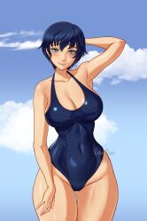 Rule 34 | 1girl, arm up, biting, blue hair, blush, breasts, cleavage, covered navel, curvy, female focus, gluteal fold, grey eyes, highres, large breasts, lip biting, looking at viewer, one-piece swimsuit, persona, persona 4, school swimsuit, shirogane naoto, short hair, solo, swimsuit, thick thighs, thighs, wide hips, xelaroseart