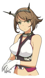 Rule 34 | 10s, 1girl, a1 (initial-g), brown eyes, brown hair, gloves, green eyes, kantai collection, midriff, mutsu (kancolle), no legs, short hair, simple background, solo, upper body, white background