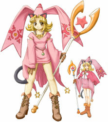 Rule 34 | 2girls, animal ears, blonde hair, boots, brown hair, cat ears, cat girl, dress, facing viewer, female focus, gloves, hair ornament, hat, holding, jewelry, long sleeves, looking at viewer, magical girl, magician, marl kingdom, multiple girls, myao (marl kingdom), necklace, nippon ichi, official art, pink dress, rhapsody, simple background, smile, staff, standing, star (symbol), tail, white background