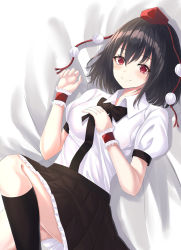 Rule 34 | 1girl, 7saki, absurdres, arms up, bad id, bad pixiv id, black bow, black bowtie, black hair, black skirt, black socks, blush, bow, bowtie, breasts, commentary, feet out of frame, gradient background, hair between eyes, hand on own chest, hat, highres, knee up, kneehighs, looking at viewer, lying, medium breasts, on back, petticoat, pom pom (clothes), puffy short sleeves, puffy sleeves, red eyes, red hat, shameimaru aya, shirt, short hair, short sleeves, skirt, smile, socks, solo, tokin hat, touhou, white shirt, wrist cuffs