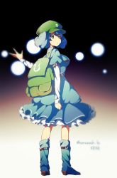 Rule 34 | 1girl, adapted costume, alternate costume, artist name, backpack, bag, belt, blue dress, blue eyes, blue hair, blurry, boots, dress, from behind, full body, gradient background, hat, highres, image sample, kawashiro nitori, krkh, long sleeves, looking back, matching hair/eyes, puffy sleeves, solo, touhou, twintails, twitter username, two side up