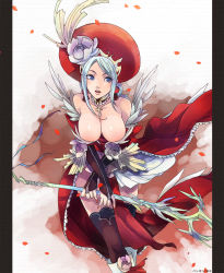 Rule 34 | 1girl, bad id, bad pixiv id, bare shoulders, blue eyes, blue hair, breasts, bridal gauntlets, caee penguin, choker, cleavage, cross, dress, hat, large breasts, long hair, matching hair/eyes, nail polish, original, red nails, solo, staff, thighhighs, zettai ryouiki