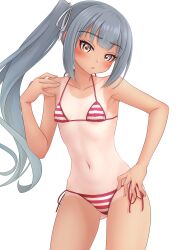 Rule 34 | 1girl, absurdres, alternate costume, bikini, breasts, brown eyes, grey hair, highres, kantai collection, kasumi (kancolle), long hair, looking at viewer, makura (y makura), navel, one-piece tan, red bikini, side-tie bikini bottom, side ponytail, simple background, small breasts, solo, striped bikini, striped clothes, swimsuit, tan, tanline, variant set, white background