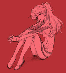 1girl bad_id bad_pixiv_id bodysuit female_focus graphite_(medium) hair_ornament head_tilt highres long_hair looking_away mecha_pilot_suit neon_genesis_evangelion parted_lips plugsuit red_theme shinkon simple_background sitting solo souryuu_asuka_langley traditional_media