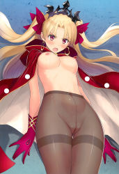 Rule 34 | 1girl, absurdres, blonde hair, blush, breasts, cape, earrings, ereshkigal (fate), fate/grand order, fate (series), gloves, hair ribbon, highres, hip focus, hoop earrings, jewelry, long hair, medium breasts, navel, nipples, nose blush, pantyhose, parted bangs, red cape, red eyes, red gloves, red ribbon, ribbon, scan, shiny skin, signature, solo, tearing up, thighband pantyhose, thighs, tiara, tony taka, two side up, underboob, underwear, wavy mouth, wind, wind lift