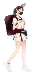 Rule 34 | 1girl, absurdres, ama mitsuki, backpack, bag, bare legs, belt, belt buckle, belt pouch, brown eyes, brown hair, buckle, commentary request, covered mouth, flower, from side, full body, hair flower, hair ornament, hands up, hat, highres, looking afar, mask, mouth mask, original, ponytail, pouch, purple belt, red bag, red hat, shirt, shoes, short hair, short sleeves, simple background, skirt, skirt set, sneakers, solo, standing, visor cap, walking, white background, white footwear, zipper pull tab