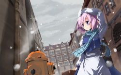 Rule 34 | 1girl, blue scarf, contemporary, female focus, fire hydrant, gotyou, hat, highres, letty whiterock, light purple hair, plaid, plaid scarf, purple eyes, scarf, short hair, snow, solo, touhou, town