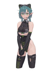 Rule 34 | 1girl, absurdres, android, animal ears, bare shoulders, black choker, black legwear, black leotard, braid, breasts, choker, clothes writing, covered navel, fake animal ears, green eyes, green hair, grey background, hair between eyes, highres, leotard, long hair, looking at viewer, max-k, mechanical arms, mechanical ears, microphone, nervous, open mouth, original, pointy ears, simple background, skindentation, slit pupils, smile, solo, sweat, thighs, triangle, turtleneck, twintails, underboob